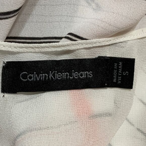 Calvin Klein Jeans Top Sheer V Neck Short Sleeved Stripes Hi Lo Blouse Small - Picture 4 of 7
